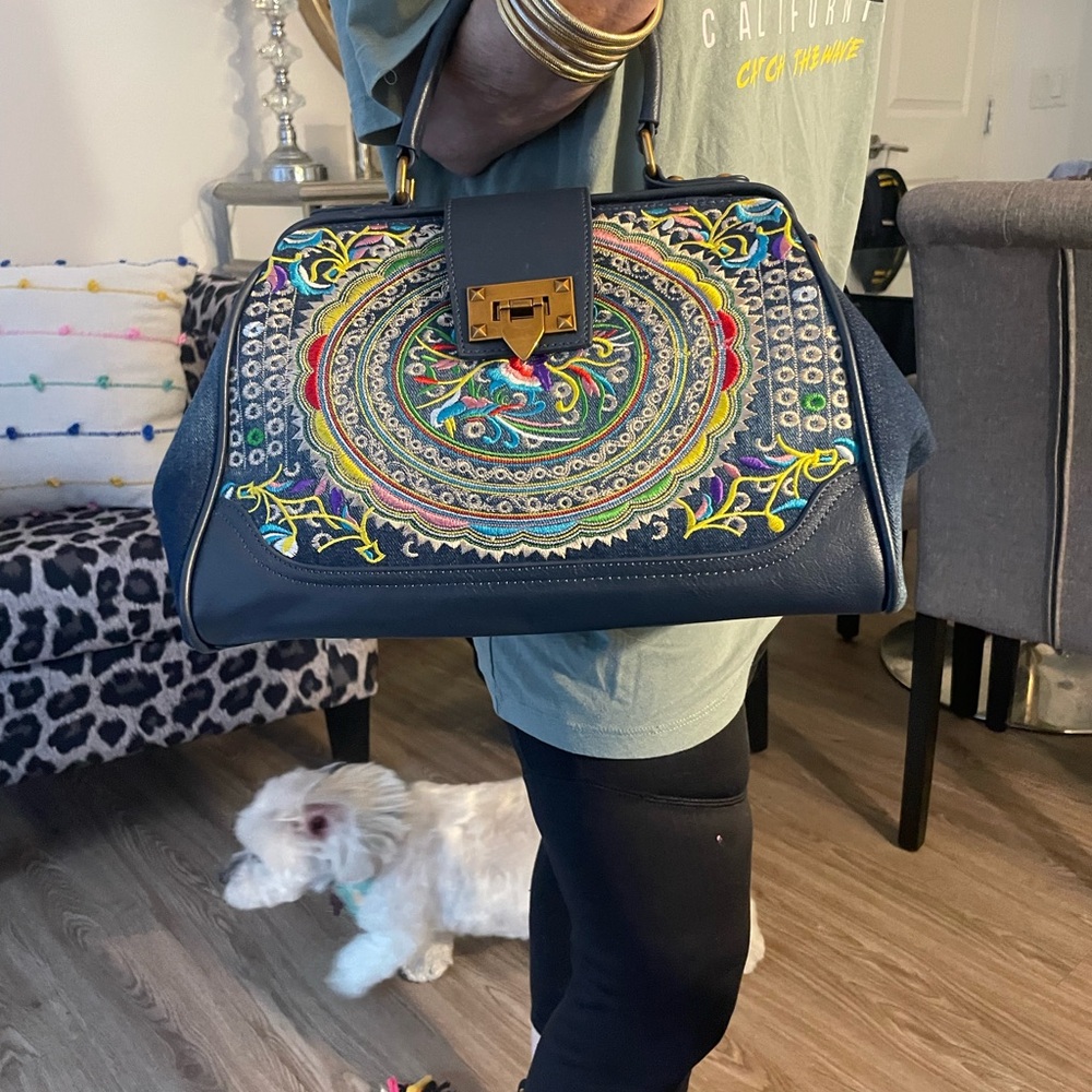 Shariff blue leather  tapestry bag withh blue denium side panels